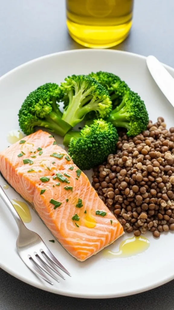 Salmon with Steamed Broccoli and Lentils