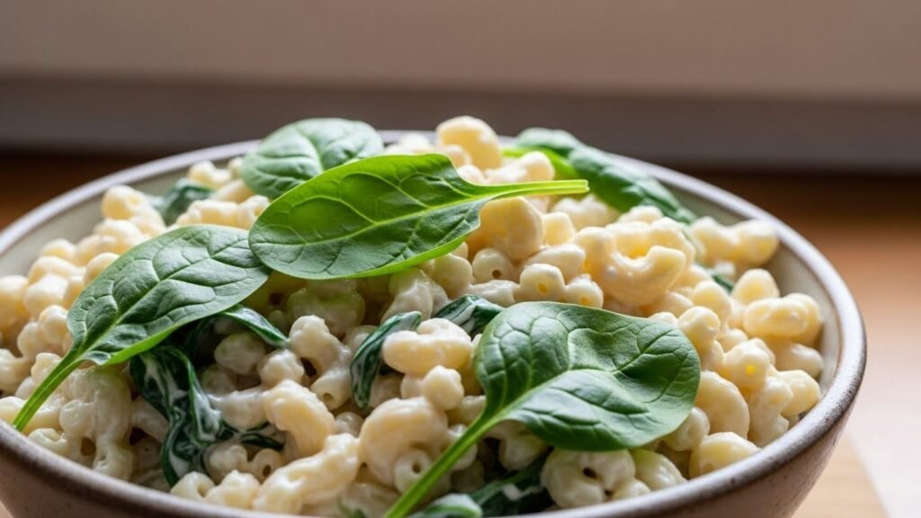 Spinach-Loaded Cottage Cheese Mac Bowl