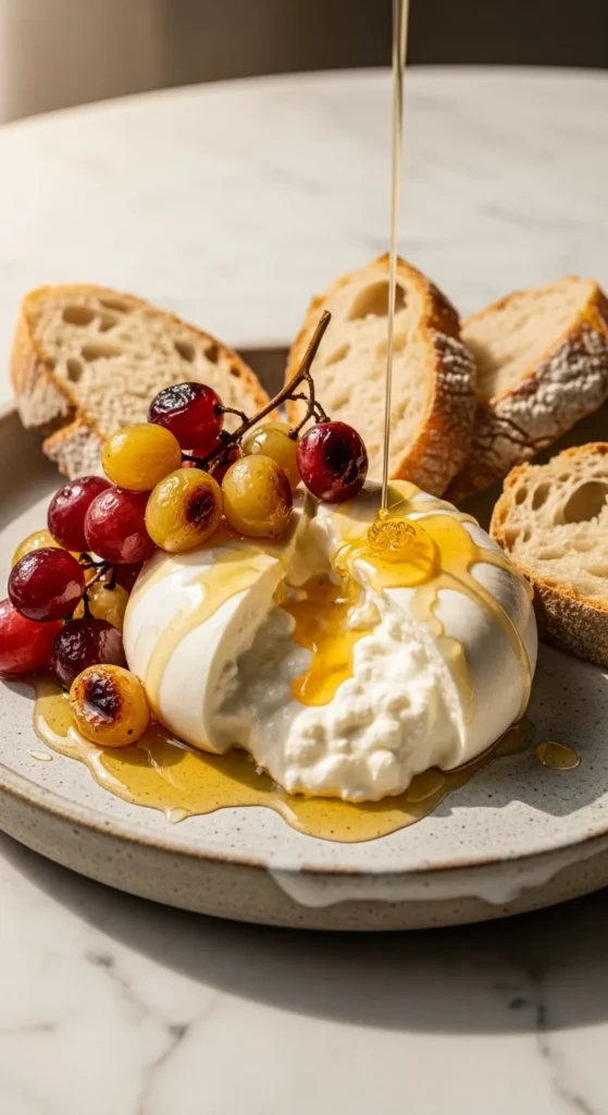 Burrata with Roasted Grapes and Honey