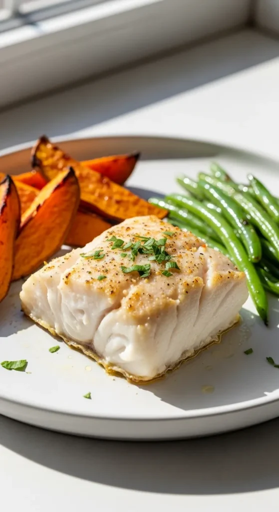 Baked Cod with Sweet Potato and Green Beans