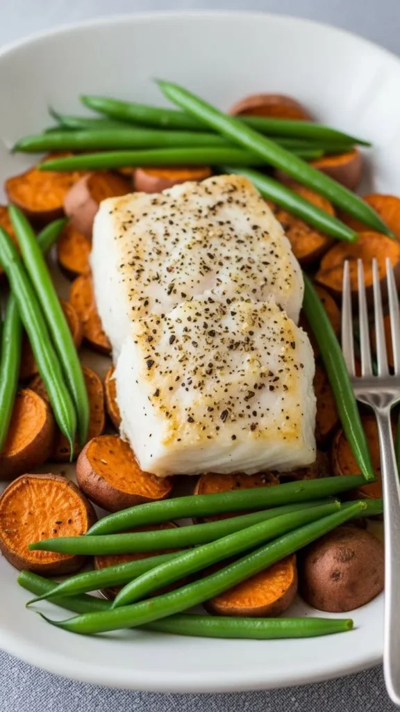 Baked Cod with Sweet Potato and Green Beans