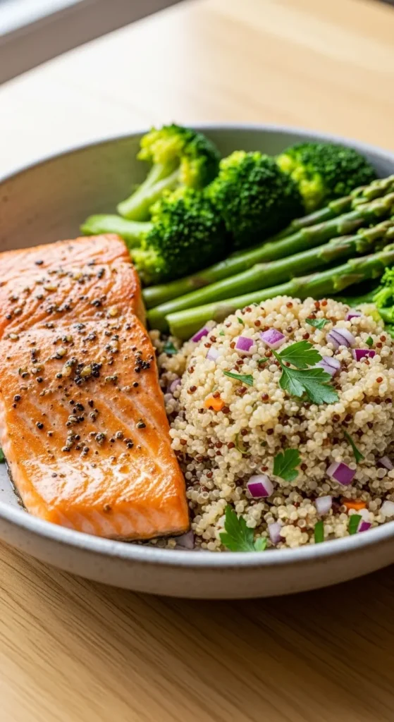 Salmon with Quinoa and Steamed Greens